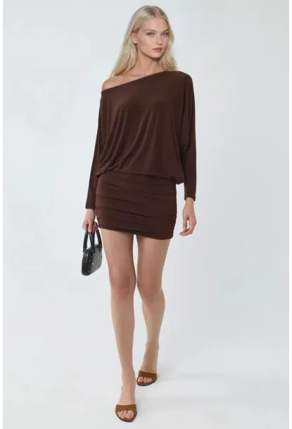 Kadın Kahve Tek Omuz Yarasa Kol Drapeli Mini Elbise