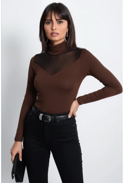 Kadın Kahve Üstü Tül Bluz TZ20751