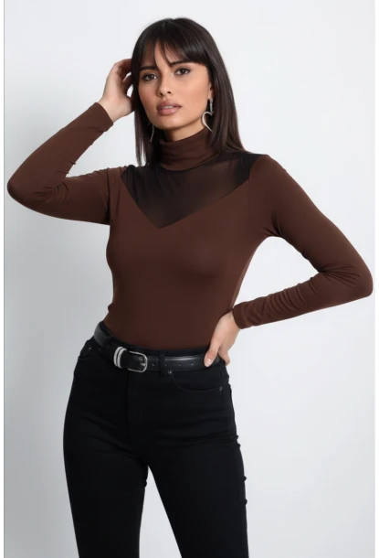 Kadın Kahve Üstü Tül Bluz TZ20751