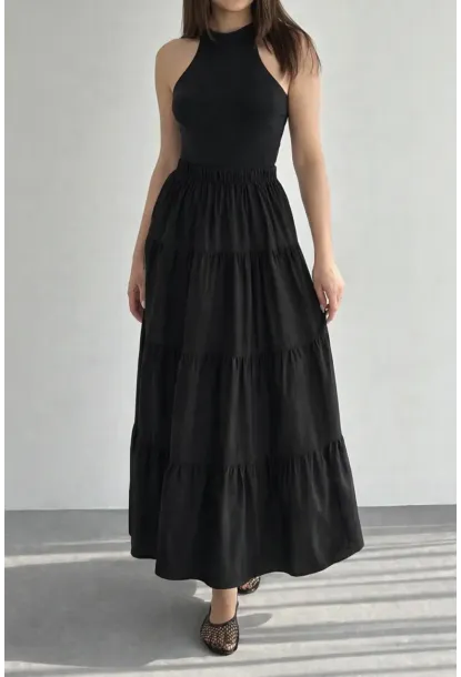 Kadın Kat Kat Uzun Etek – Beli Lastikli Günlük Şık Etek