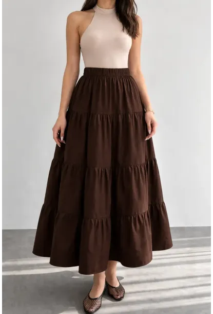 Kadın Kat Kat Uzun Etek – Beli Lastikli Günlük Şık Etek