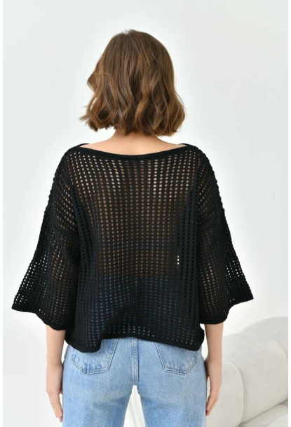 Kadın Kayık Yaka Örgü Detay Oversize Triko Kazak