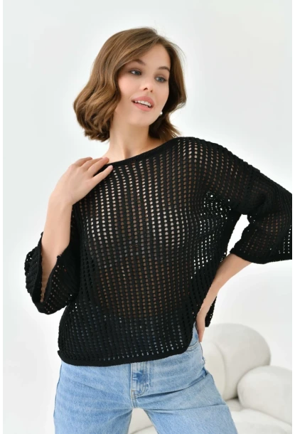 Kadın Kayık Yaka Örgü Detay Oversize Triko Kazak