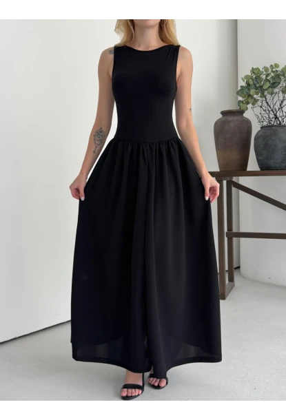 Kadın Kayık Yaka Üstü Esnek Viskon Alt Geniş Poplin Dokuma Kolsuz Siyah Elbise