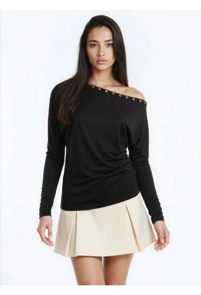 Kadın Kayık Yaka Yarasa Kol Lycralı Penye Bluz