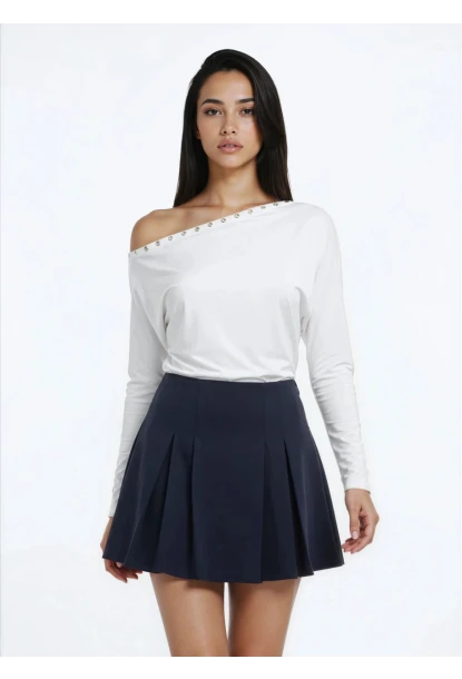 Kadın Kayık Yaka Yarasa Kol Yakası Troklu Lycralı Penye Bluz