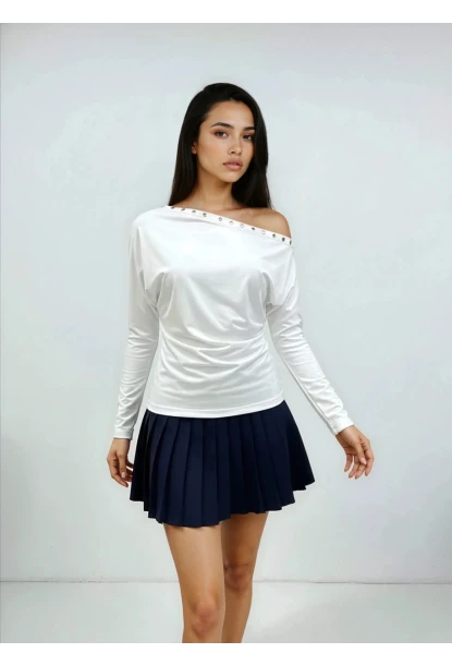 Kadın Kayık Yaka Yarasa Kol Yakası Troklu Lycralı Penye Bluz