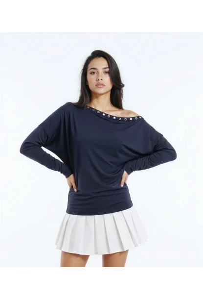 Kadın Kayık Yaka Yarasa Kol Yakası Troklu Lycralı Penye Bluz