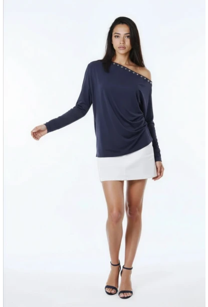 Kadın Kayık Yaka Yarasa Kol Yakası Troklu Lycralı Penye Bluz