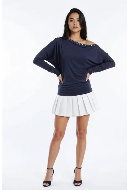 Kadın Kayık Yaka Yarasa Kol Yakası Troklu Lycralı Penye Bluz