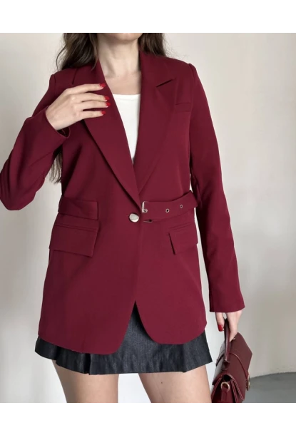 Kadın Kemerli Toka Detay Premium Blazer Ceket Bordo