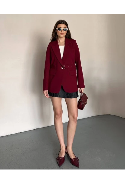 Kadın Kemerli Toka Detay Premium Blazer Ceket Bordo