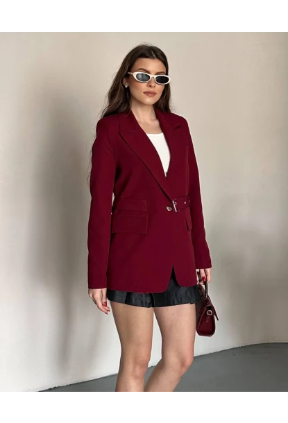 Kadın Kemerli Toka Detay Premium Blazer Ceket Bordo