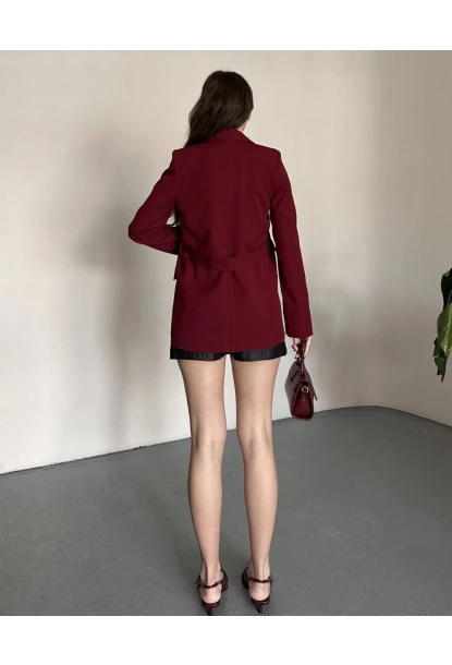 Kadın Kemerli Toka Detay Premium Blazer Ceket Bordo