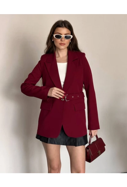 Kadın Kemerli Toka Detay Premium Blazer Ceket Bordo