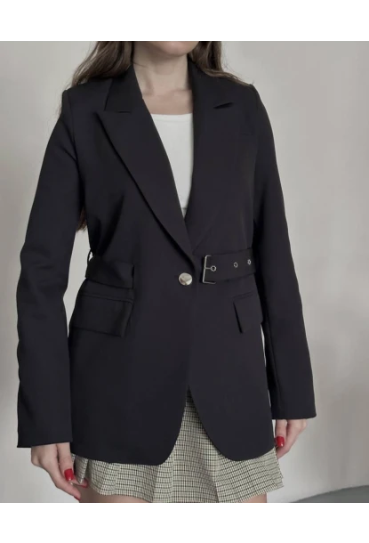 Kadın Kemerli Toka Detay Premium Blazer Ceket Siyah