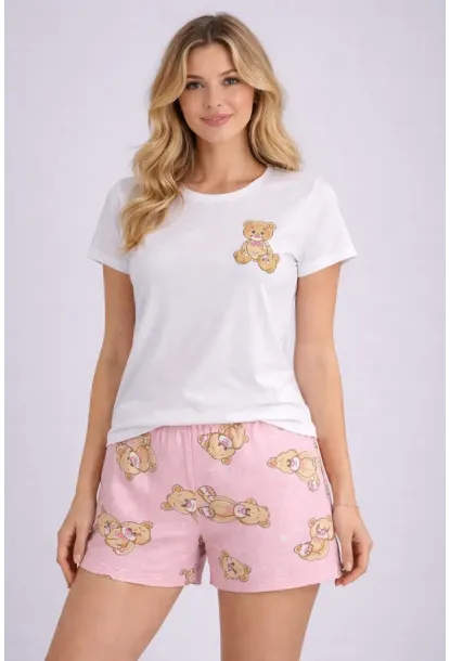 Kadın Kısa Kollu Pijama Takımı Şortlu Yazlık Rahat Kalıp Ev Giyim