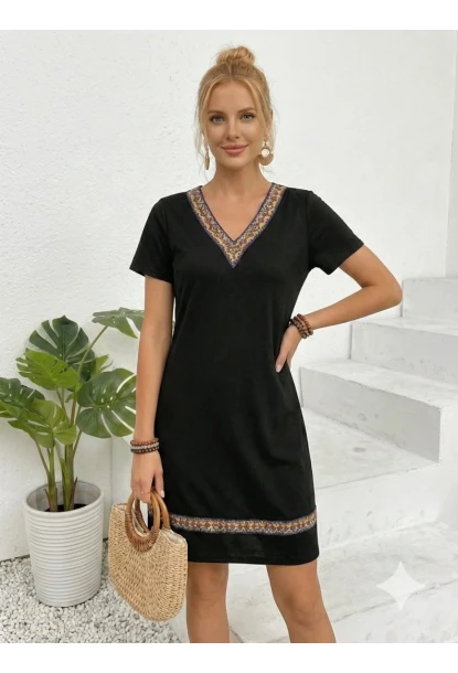 Kadın Kısa Kollu V Yaka Etnik Şerit Detaylı Viskon Elbise