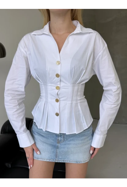 Kadın Korse Detaylı Gold Düğmeli Beyaz Gömlek