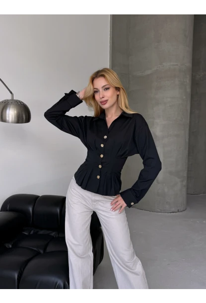 Kadın Korse Detaylı Gold Düğmeli Siyah Gömlek