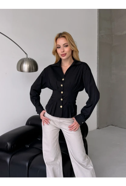 Kadın Korse Detaylı Gold Düğmeli Siyah Gömlek