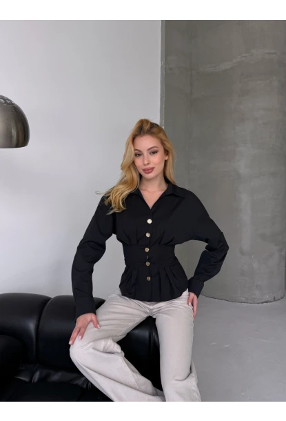 Kadın Korse Detaylı Gold Düğmeli Siyah Gömlek