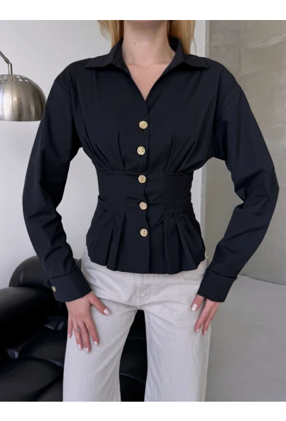 Kadın Korse Detaylı Gold Düğmeli Siyah Gömlek
