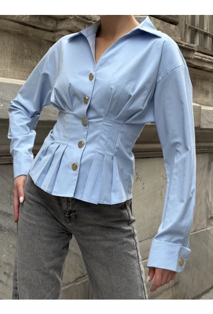 Kadın Korse Detaylı Gold Düğmeli Mavi Gömlek