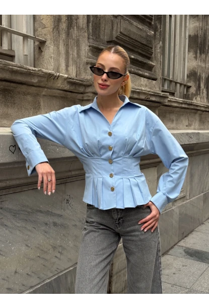 Kadın Korse Detaylı Gold Düğmeli Mavi Gömlek