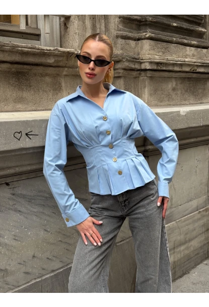 Kadın Korse Detaylı Gold Düğmeli Mavi Gömlek