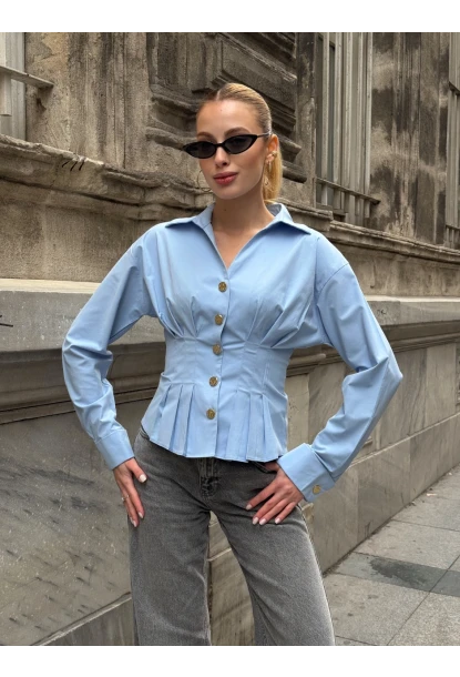 Kadın Korse Detaylı Gold Düğmeli Mavi Gömlek