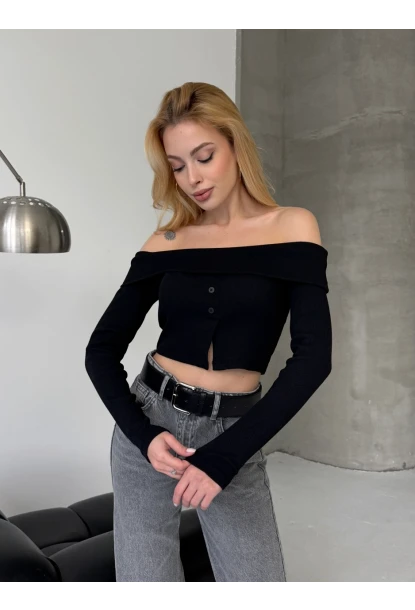 Kadın Madonna Yaka Düğme Detaylı Fitilli Crop Bluz Siyah