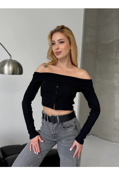 Kadın Madonna Yaka Düğme Detaylı Fitilli Crop Bluz Siyah