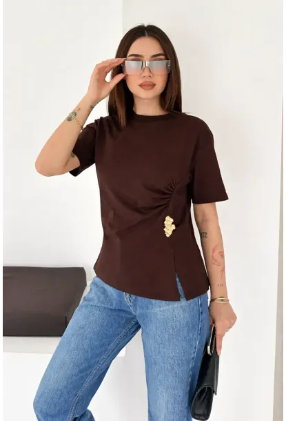 Kadın Metal Detaylı Drapeli Bluz Kahve