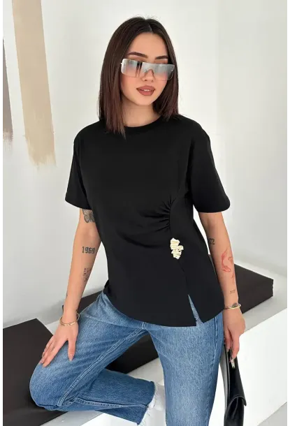 Kadın Metal Detaylı Drapeli Bluz Siyah