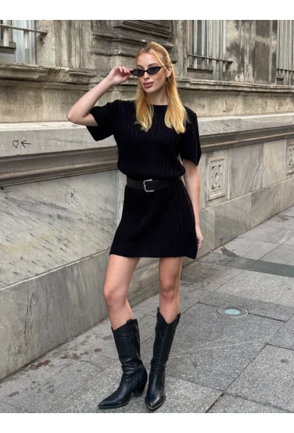 Kadın Nervürlü Mini Triko Elbise