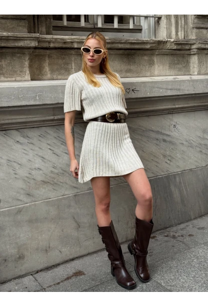 Kadın Nervürlü Mini Triko Elbise