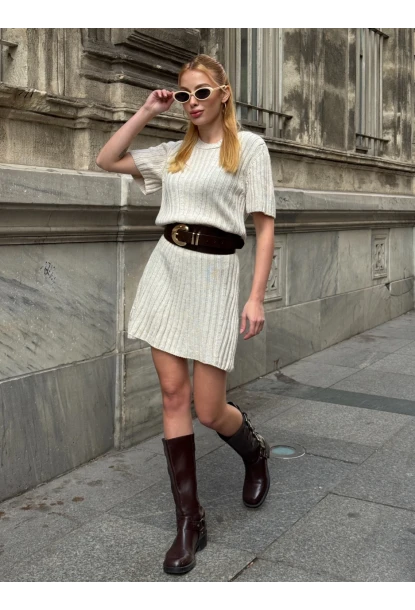 Kadın Nervürlü Mini Triko Elbise