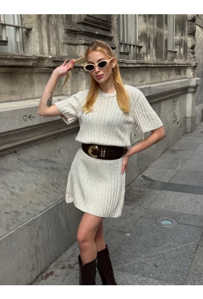 Kadın Nervürlü Mini Triko Elbise