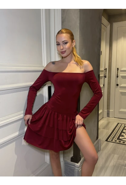 Kadın Omuz Detay Mini Elbise Bordo