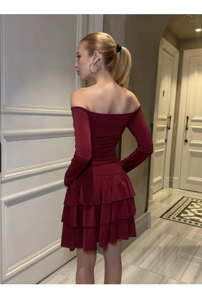Kadın Omuz Detay Mini Elbise Bordo
