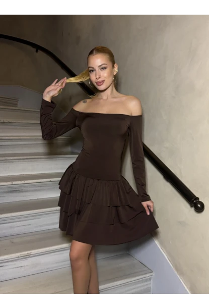 Kadın Omuz Detay Mini Elbise Kahve