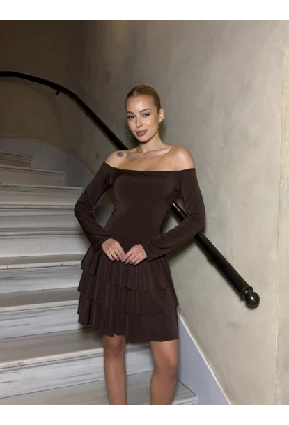 Kadın Omuz Detay Mini Elbise Kahve