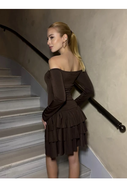 Kadın Omuz Detay Mini Elbise Kahve