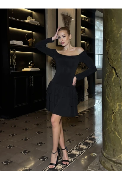 Kadın Omuz Detay Mini Elbise Siyah