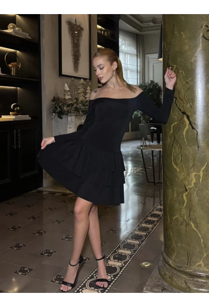 Kadın Omuz Detay Mini Elbise Siyah