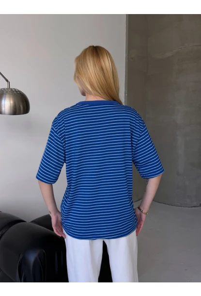 Kadın Oversize Çizgili Tişört Lacivert