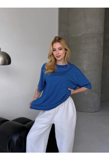 Kadın Oversize Çizgili Tişört Lacivert