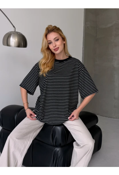 Kadın Oversize Çizgili Tişört Siyah