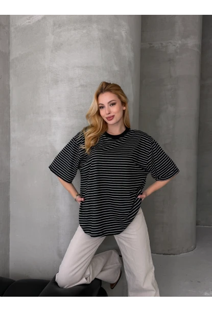 Kadın Oversize Çizgili Tişört Siyah